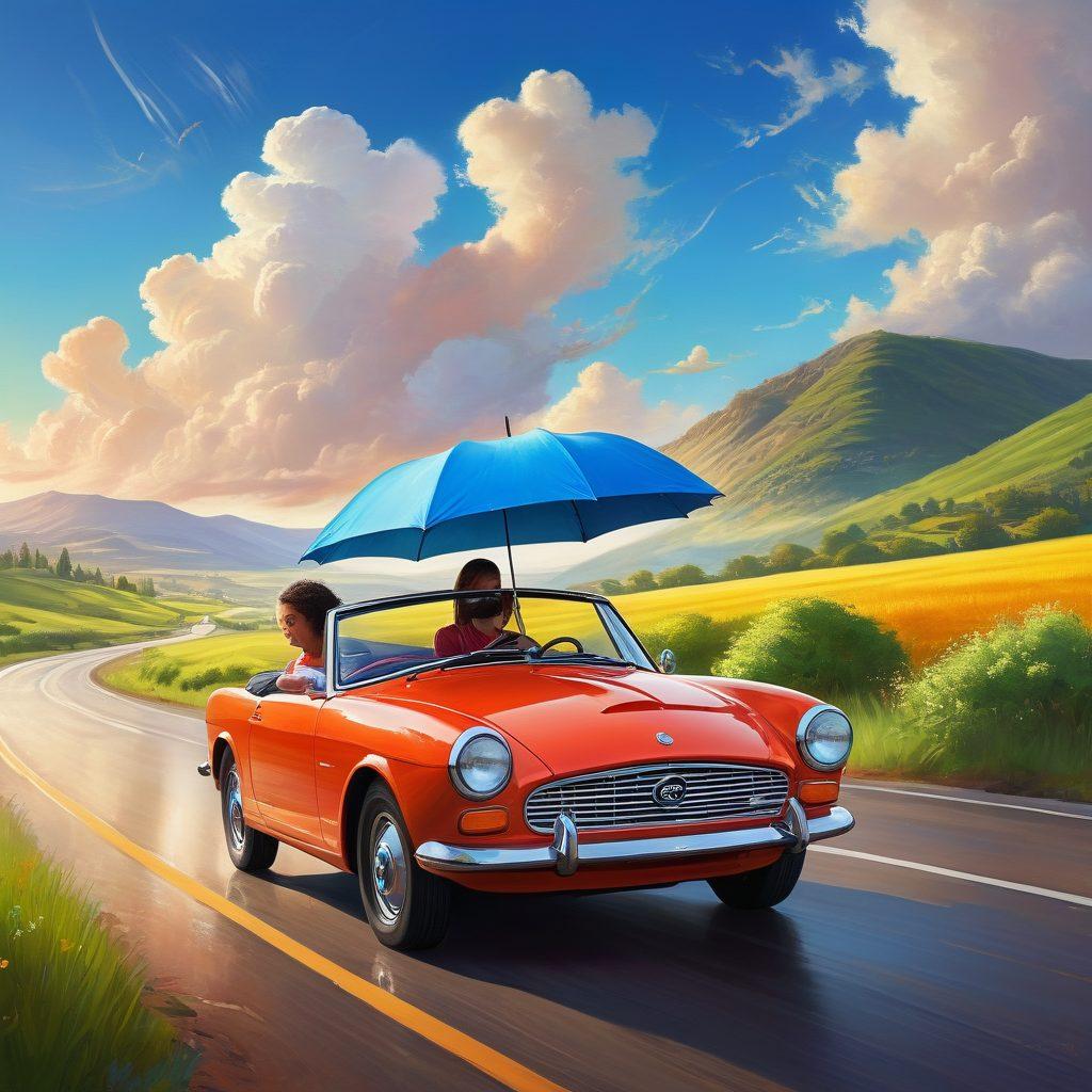 A serene and vibrant road scene showing a teen driver confidently at the wheel of a colorful car, with an open road stretching through scenic landscapes in the background. Include symbols of insurance protection, like a shield or umbrella, cleverly integrated into the scenery. The sky is bright with fluffy clouds, symbolizing hope and opportunity. Soft, inviting colors enhance the warm, encouraging tone of the image. super-realistic. vibrant colors.
