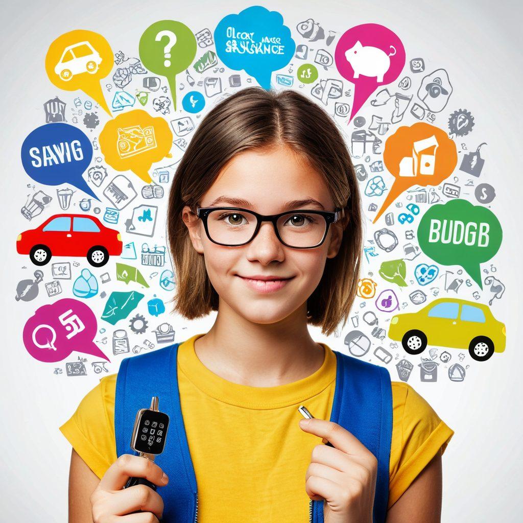 A teenager holding keys to a car, with a thought bubble depicting various insurance symbols like dollar signs, shields, and check marks. In the background, a calculator, savings piggy bank, and road signs representing budget-friendly choices. Bright colors to attract young readers, along with a stylish, modern design. super-realistic. vibrant colors. white background.