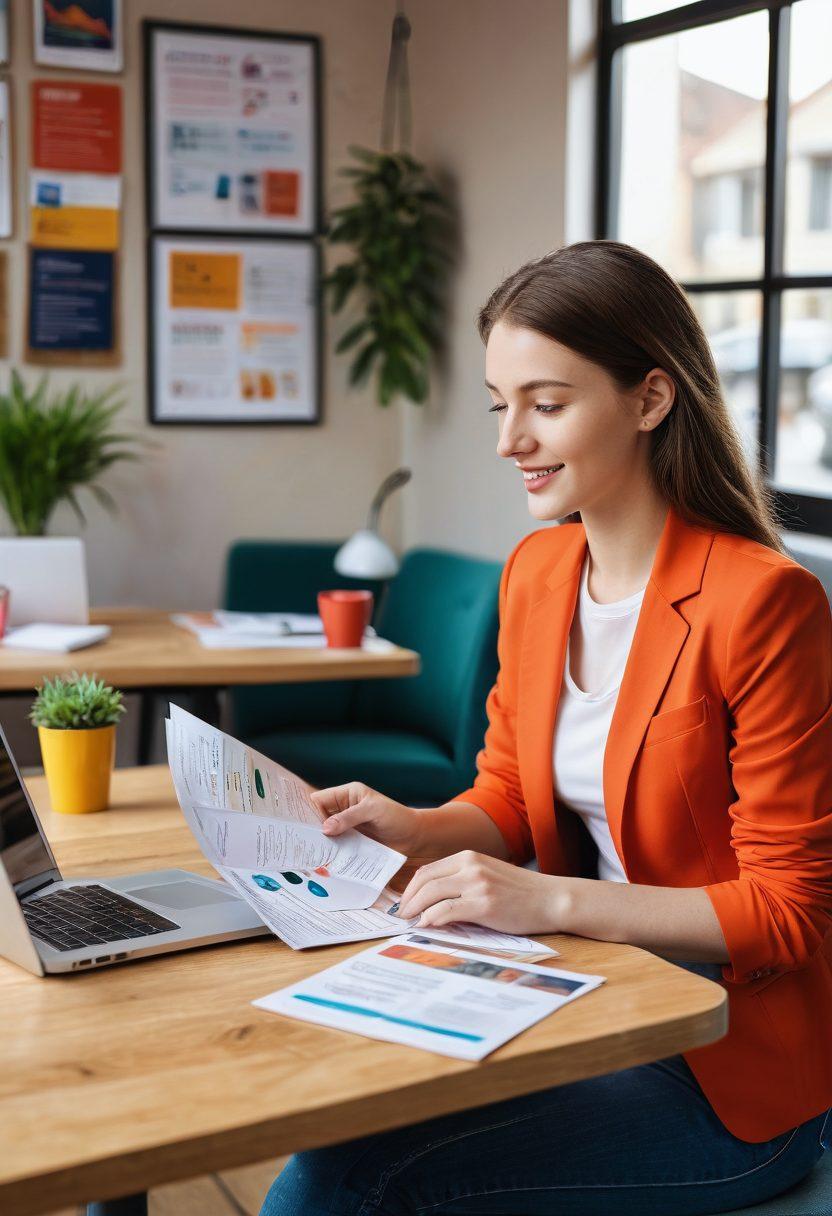 A young driver joyfully examining different car insurance brochures at a vibrant café, surrounded by a laptop, a coffee cup, and a notepad with handwritten notes. The scene conveys a sense of empowerment and choice, with colorful graphs and icons symbolizing various insurance plans in the background. The atmosphere is warm and inviting to resonate with younger audiences. super-realistic. vibrant colors. 3D.